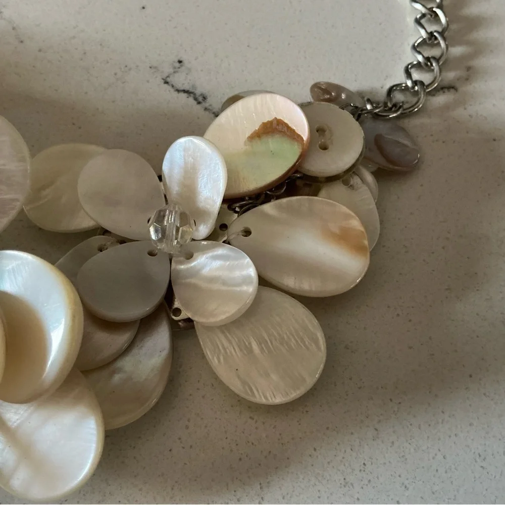 Floral necklace capiz shell flower with silver chain adjustable 18”